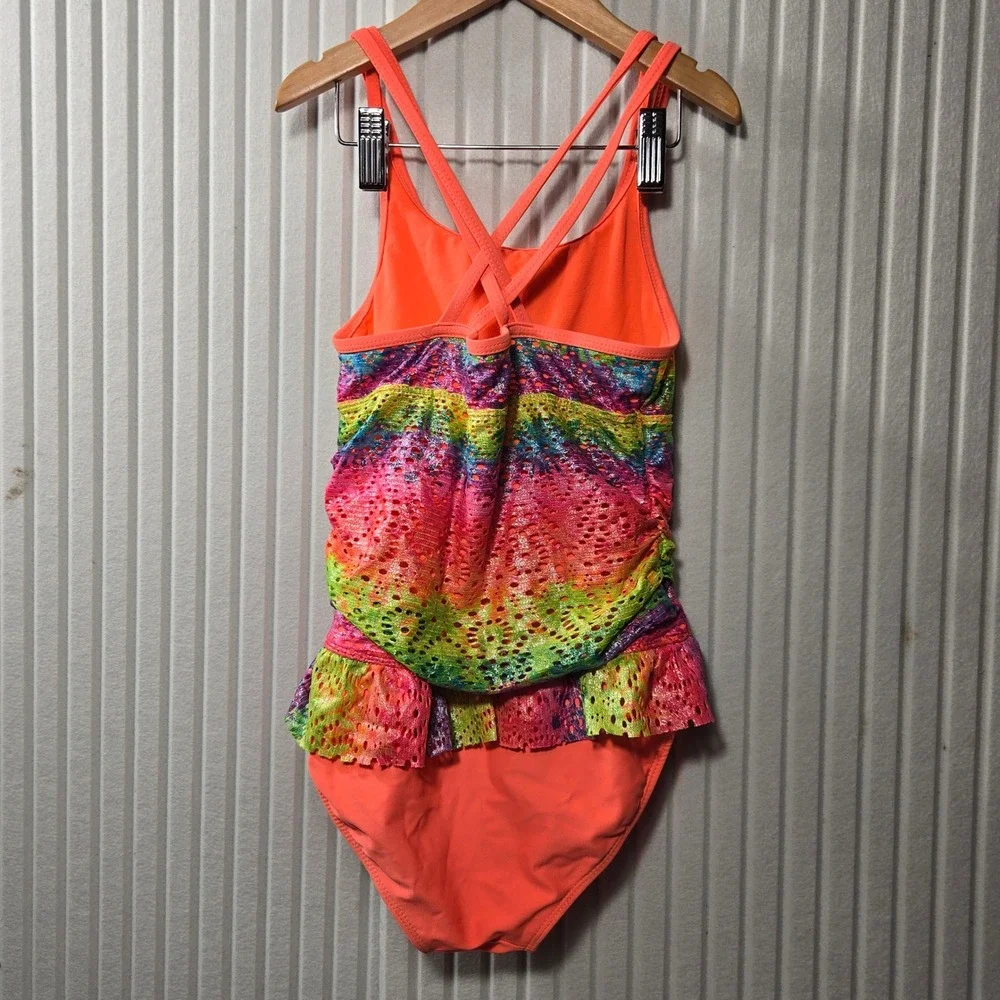 Wonder Nation Girls Rainbow Tie Dye Crochet One Piece Swimsuit Flash Peach 10-12